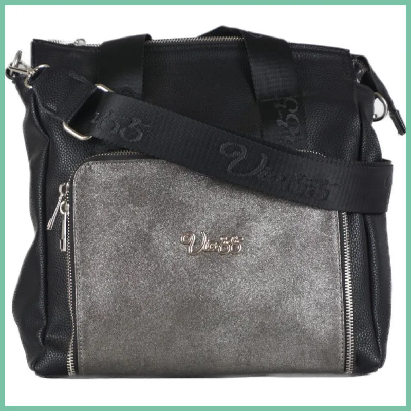 VIA55 női válltáska széles pánttal, rostbőr, fekete taskacenter-hu 2